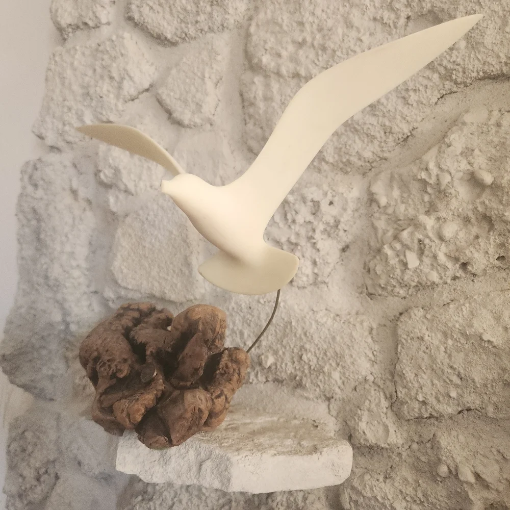 Vintage Seagull Bird Sculpture on Driftwood Base | Coastal Decor | John Perry